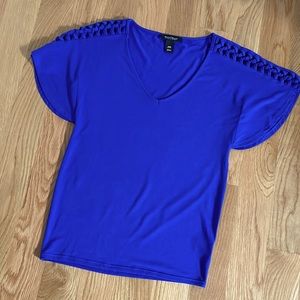 White House Black Market Cobalt Blue Top with Flutter Sleeves and Braiding XXS